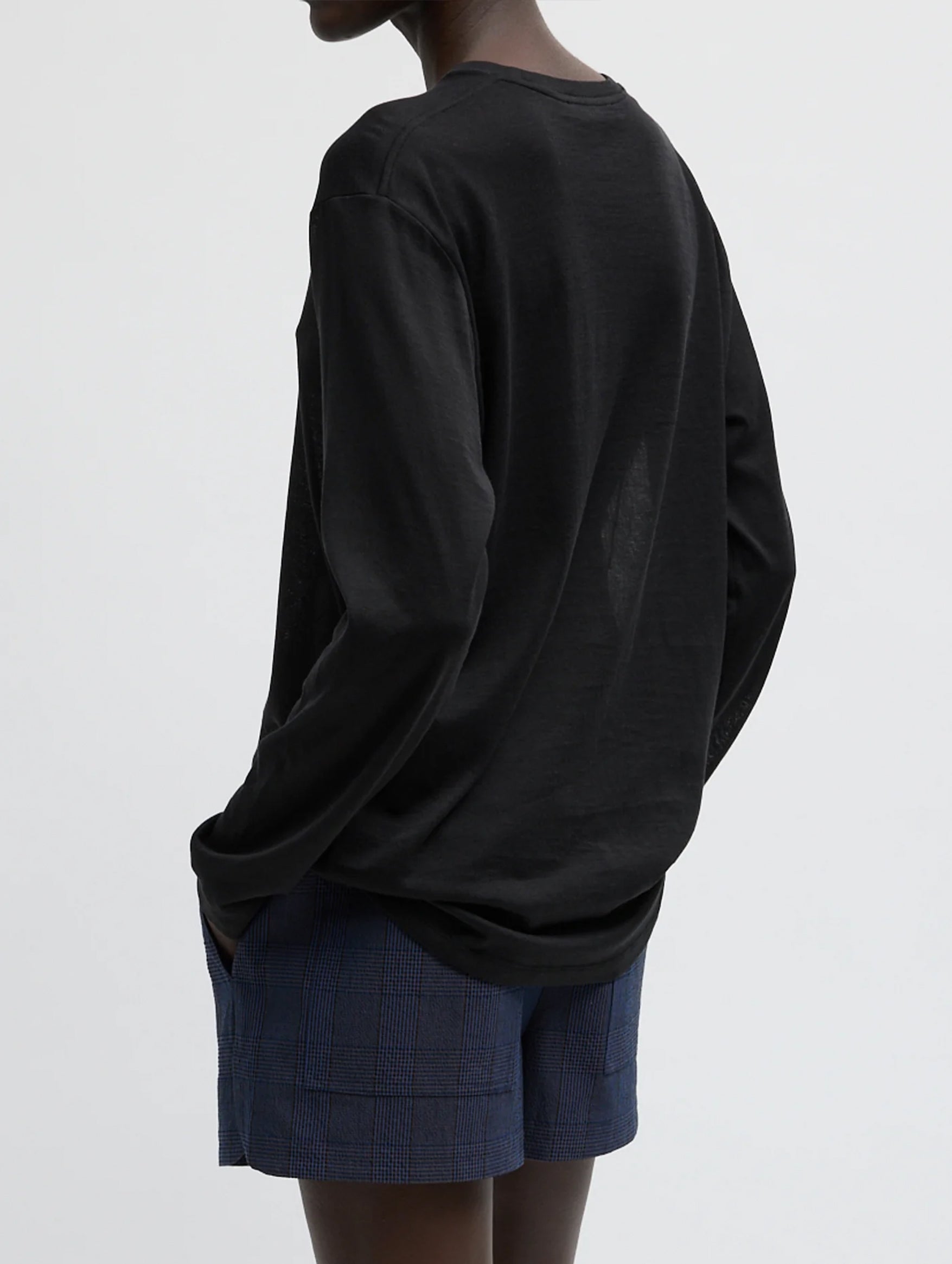 Sheer Crepe Knit Crewneck Unisex Long Sleeve T in Black