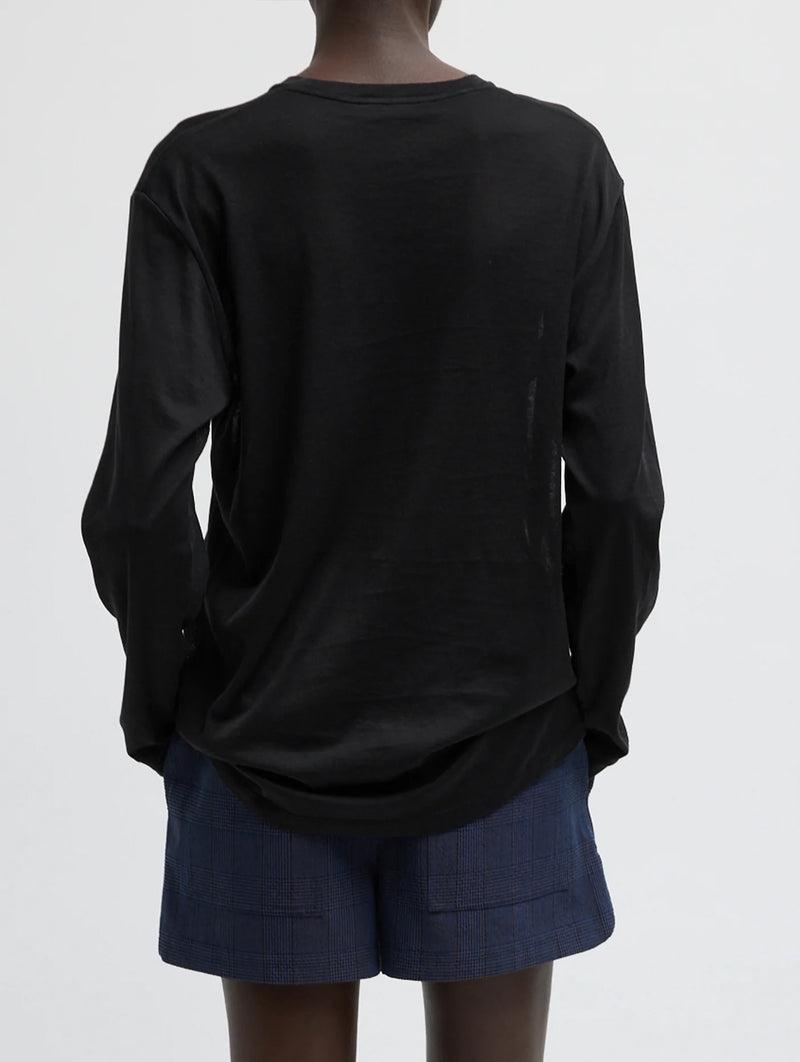 Sheer Crepe Knit Crewneck Unisex Long Sleeve T in Black