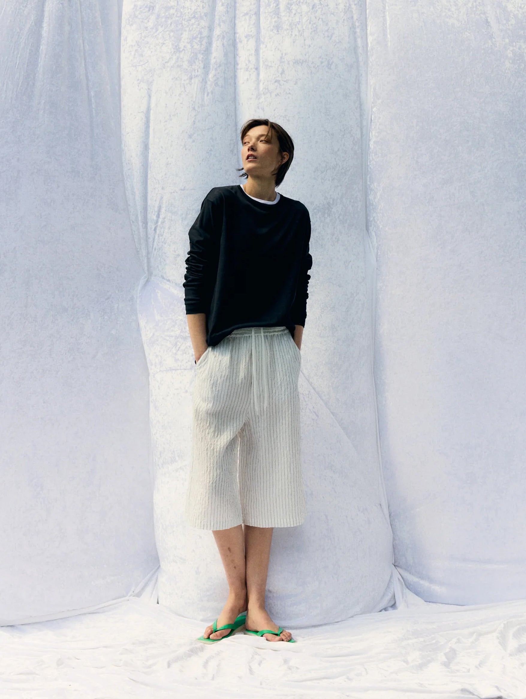 Sheer Crepe Knit Crewneck Unisex Long Sleeve T in Black