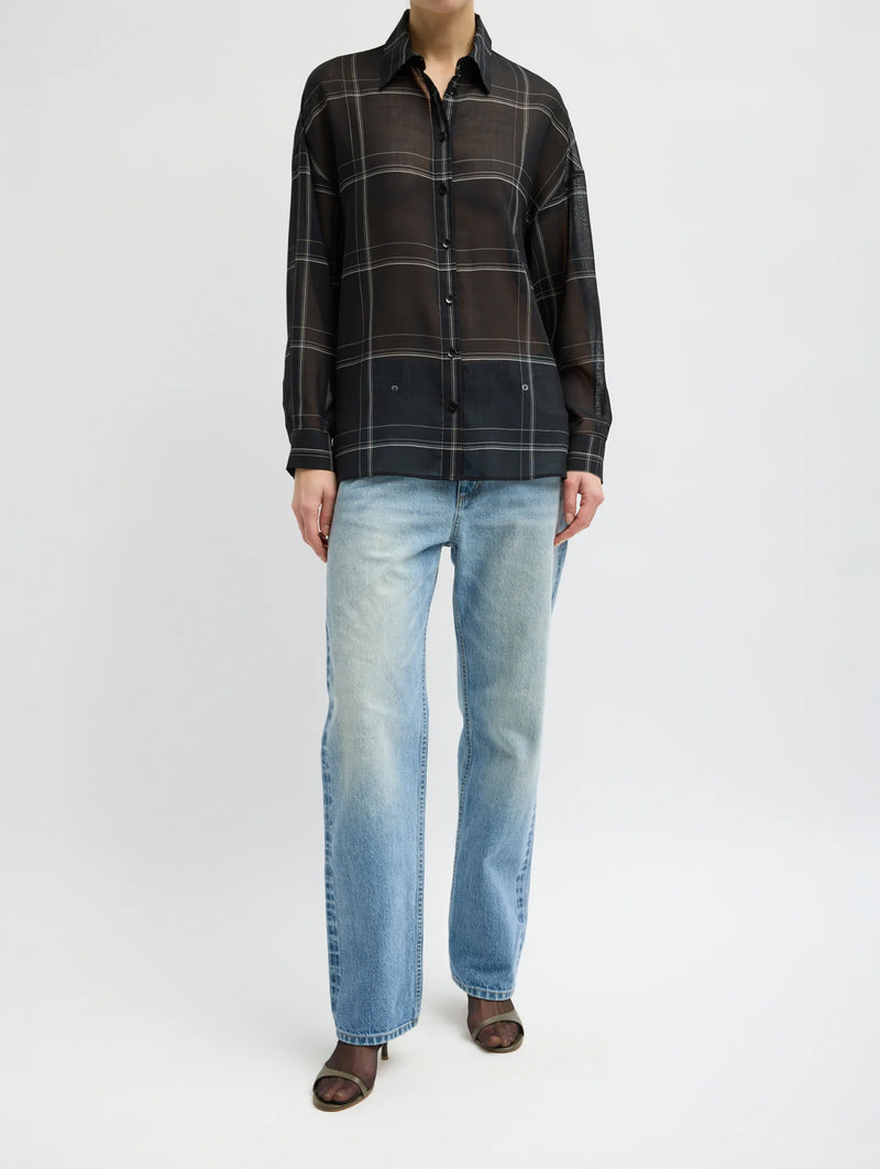 Sheer Wool Gauze Check Oversized Shirt in Black Check Multi