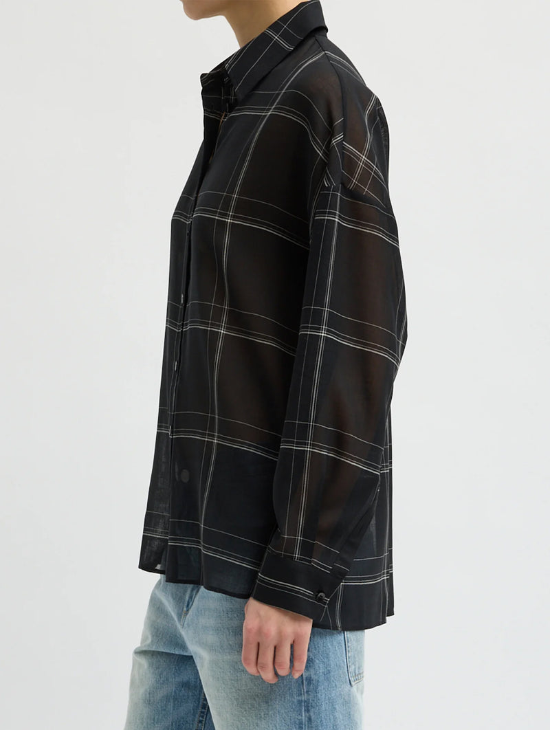 Sheer Wool Gauze Check Oversized Shirt in Black Check Multi