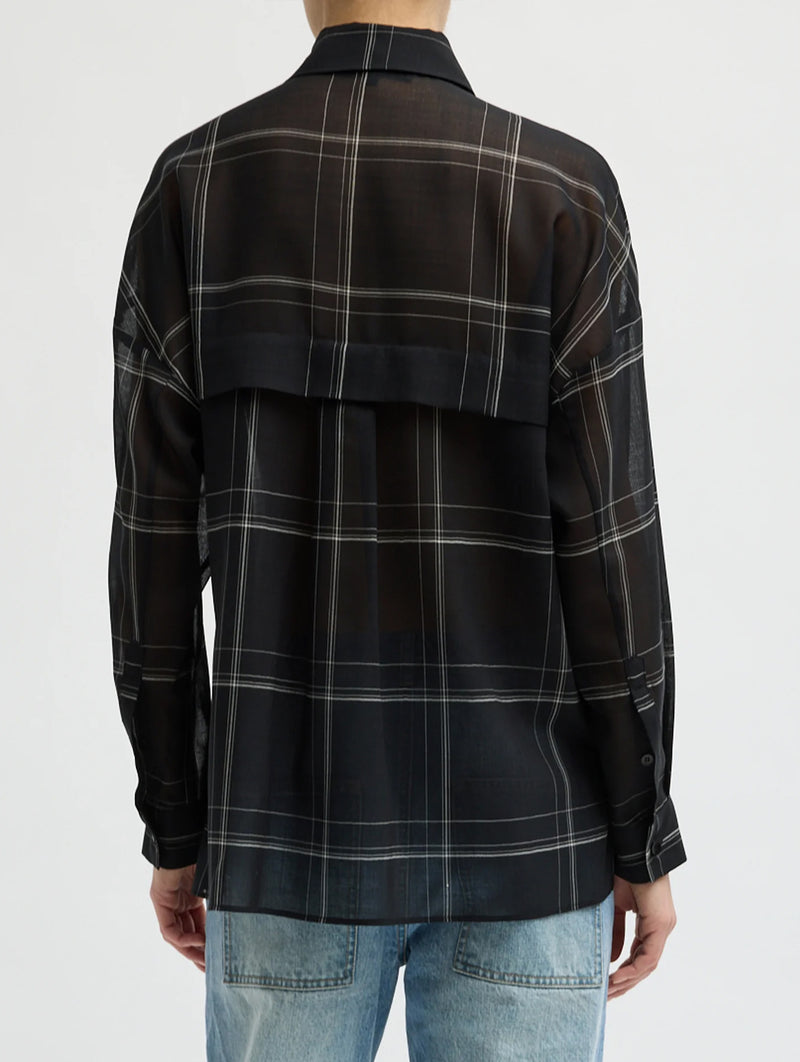 Sheer Wool Gauze Check Oversized Shirt in Black Check Multi