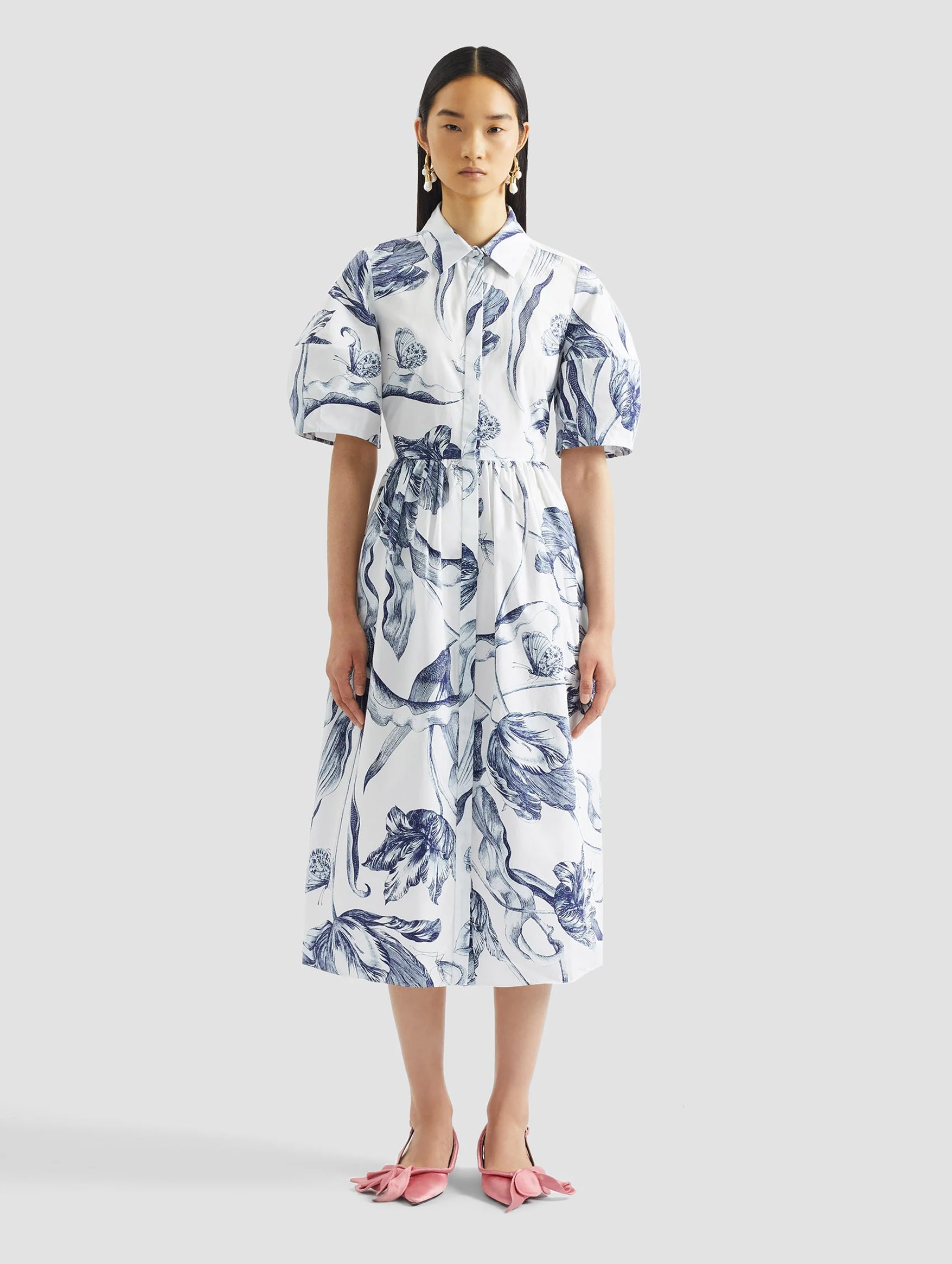 Short Sleeve Midi Shirt Dress in Botanical Engraving Ivory