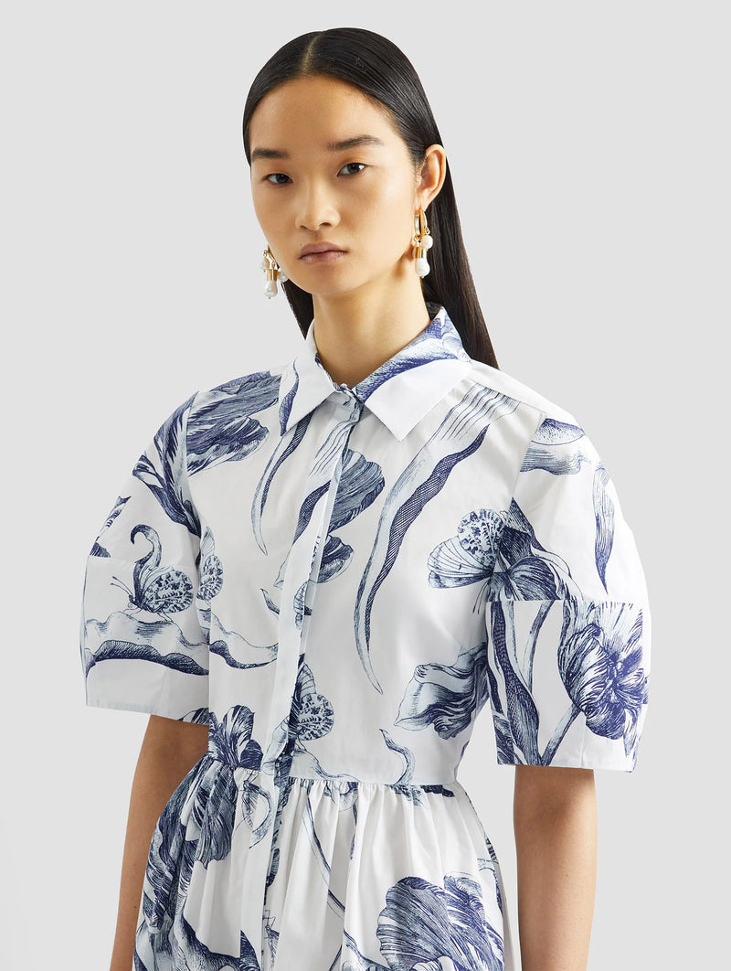 Short Sleeve Midi Shirt Dress in Botanical Engraving Ivory