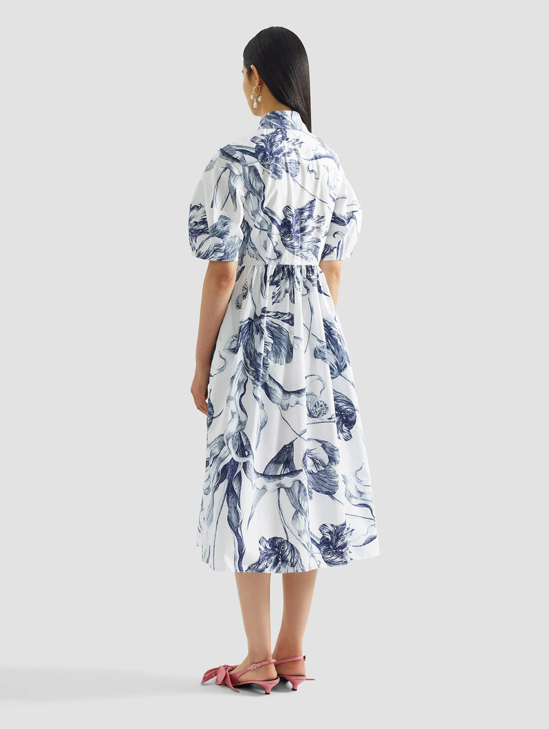 Short Sleeve Midi Shirt Dress in Botanical Engraving Ivory