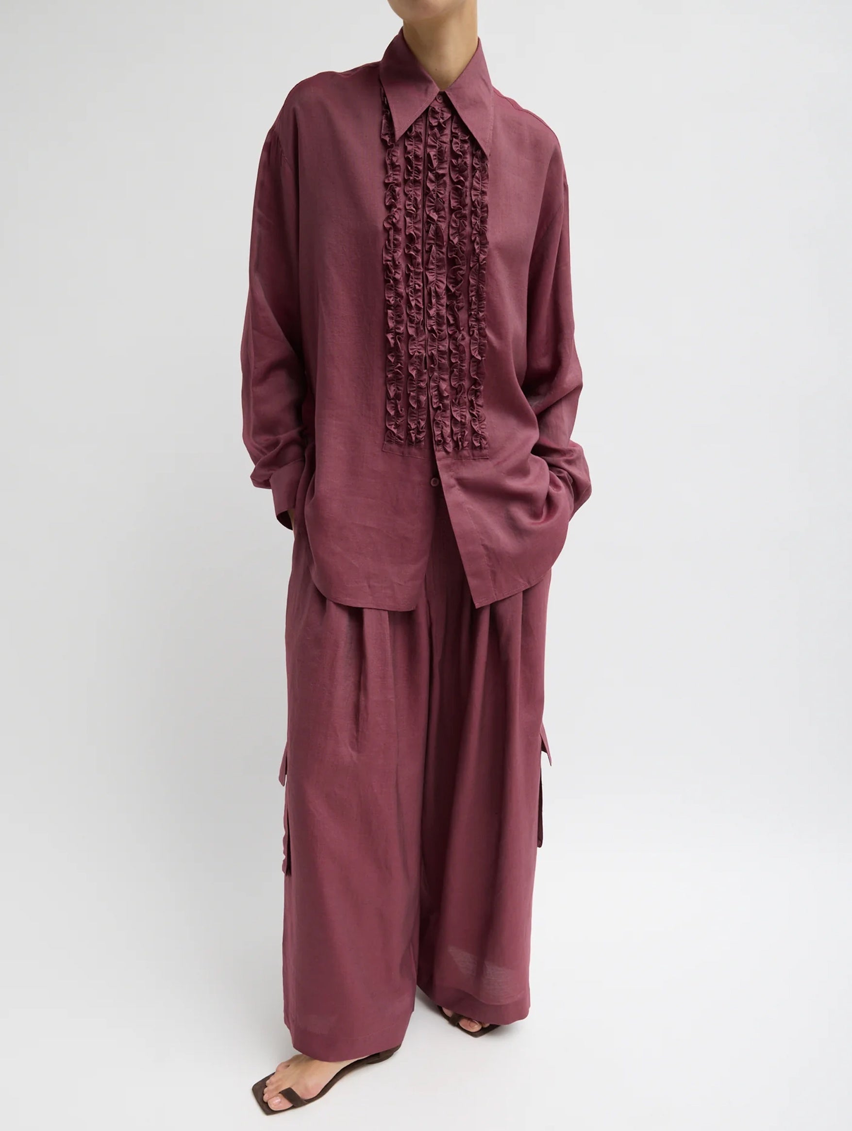 Silk Voile Easy Tuxedo Shirt in Mulberry