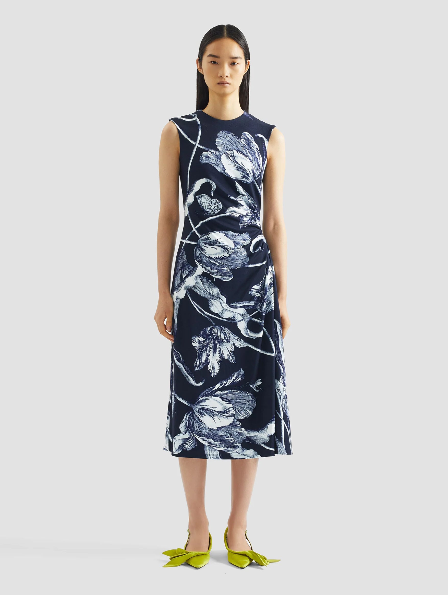 Sleeveless Draped Midi Dress in Botanical Engraving Midnight