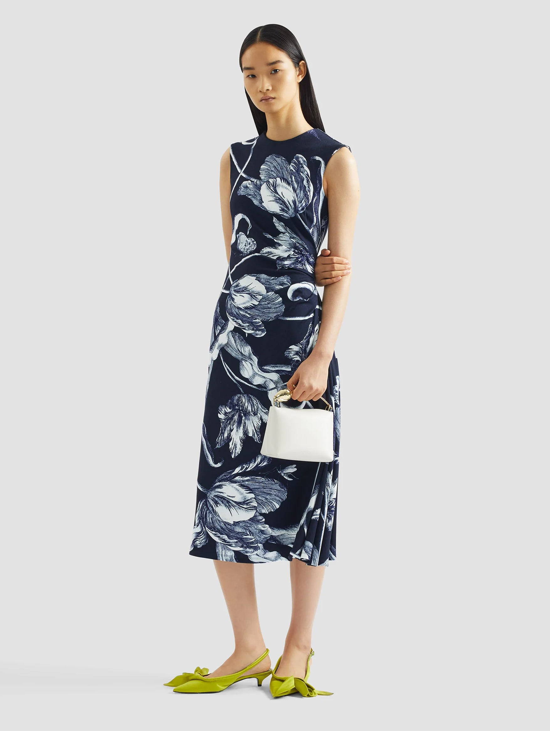 Sleeveless Draped Midi Dress in Botanical Engraving Midnight