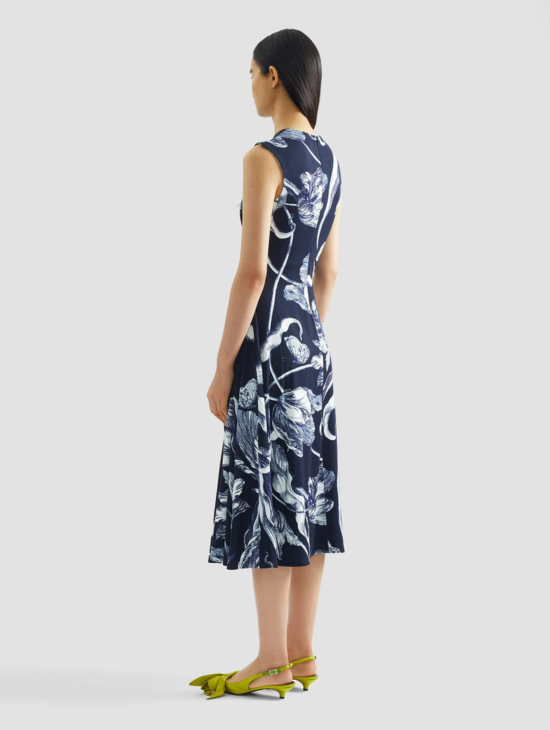 Sleeveless Draped Midi Dress in Botanical Engraving Midnight