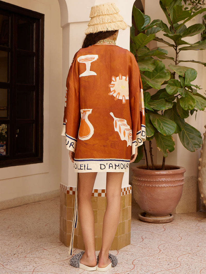 Soleil D'Amour Silk Wrap Mini Dress in Rust