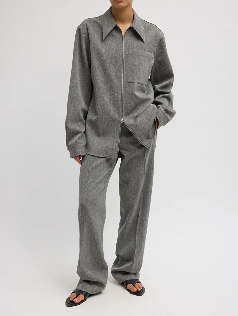 Structured Wool Zip Front Trouser in Grey Multi