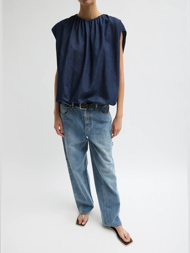 Summer Denim Shirred Neck Circular Top in Indigo