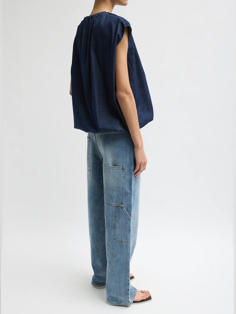 Summer Denim Shirred Neck Circular Top in Indigo