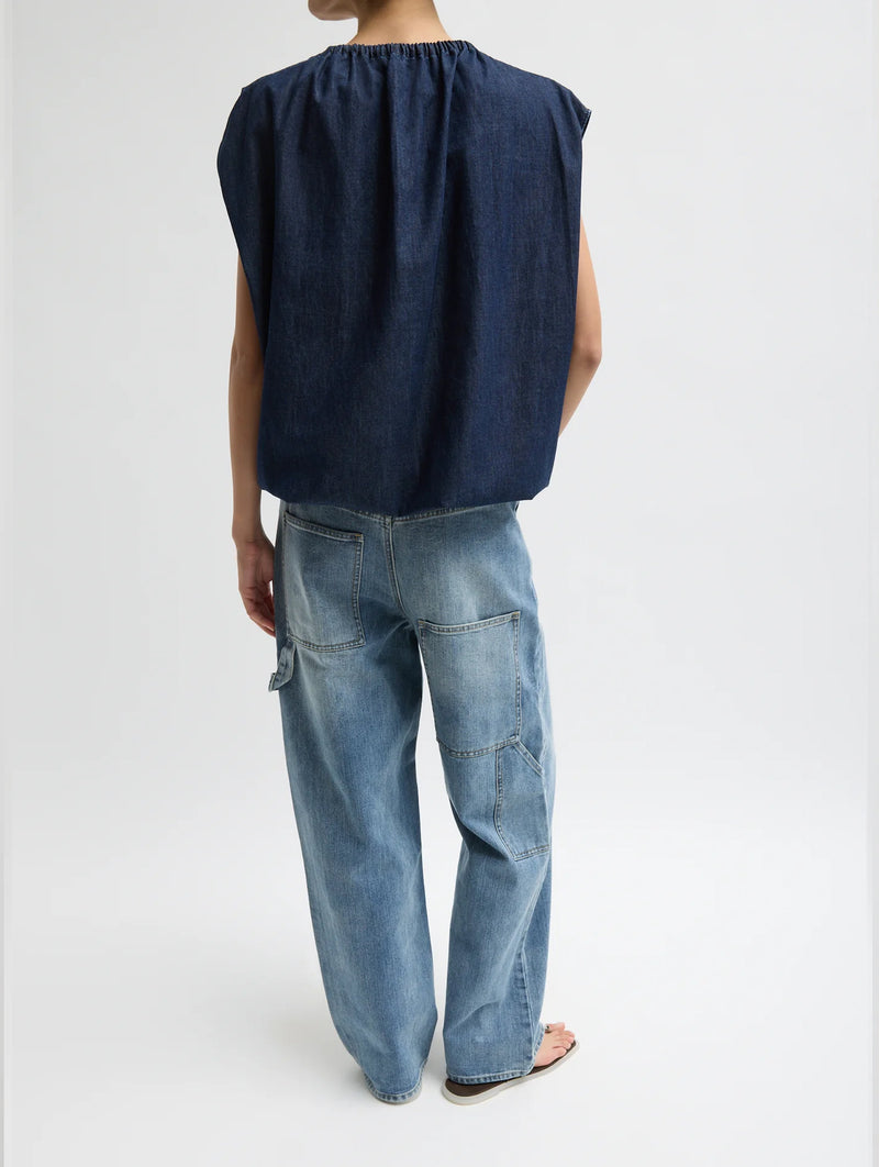 Summer Denim Shirred Neck Circular Top in Indigo