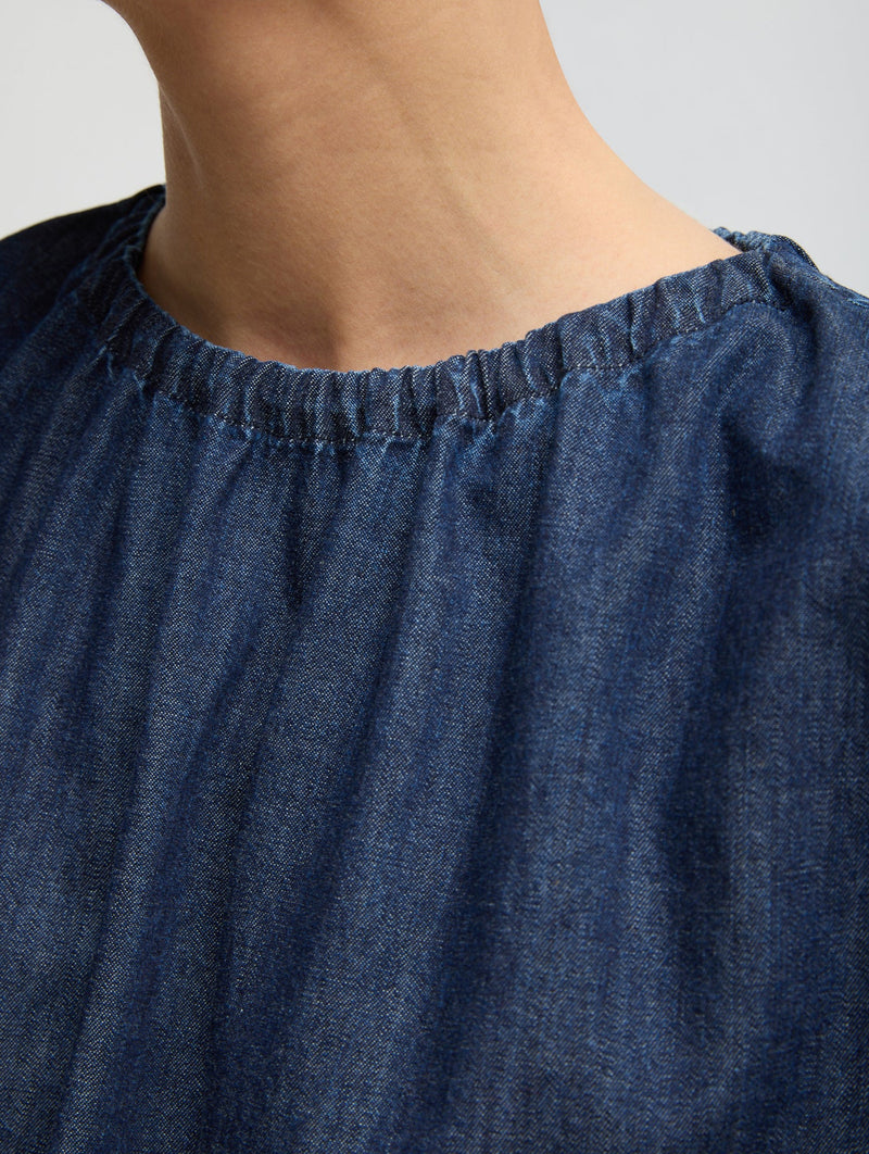 Summer Denim Shirred Neck Circular Top in Indigo