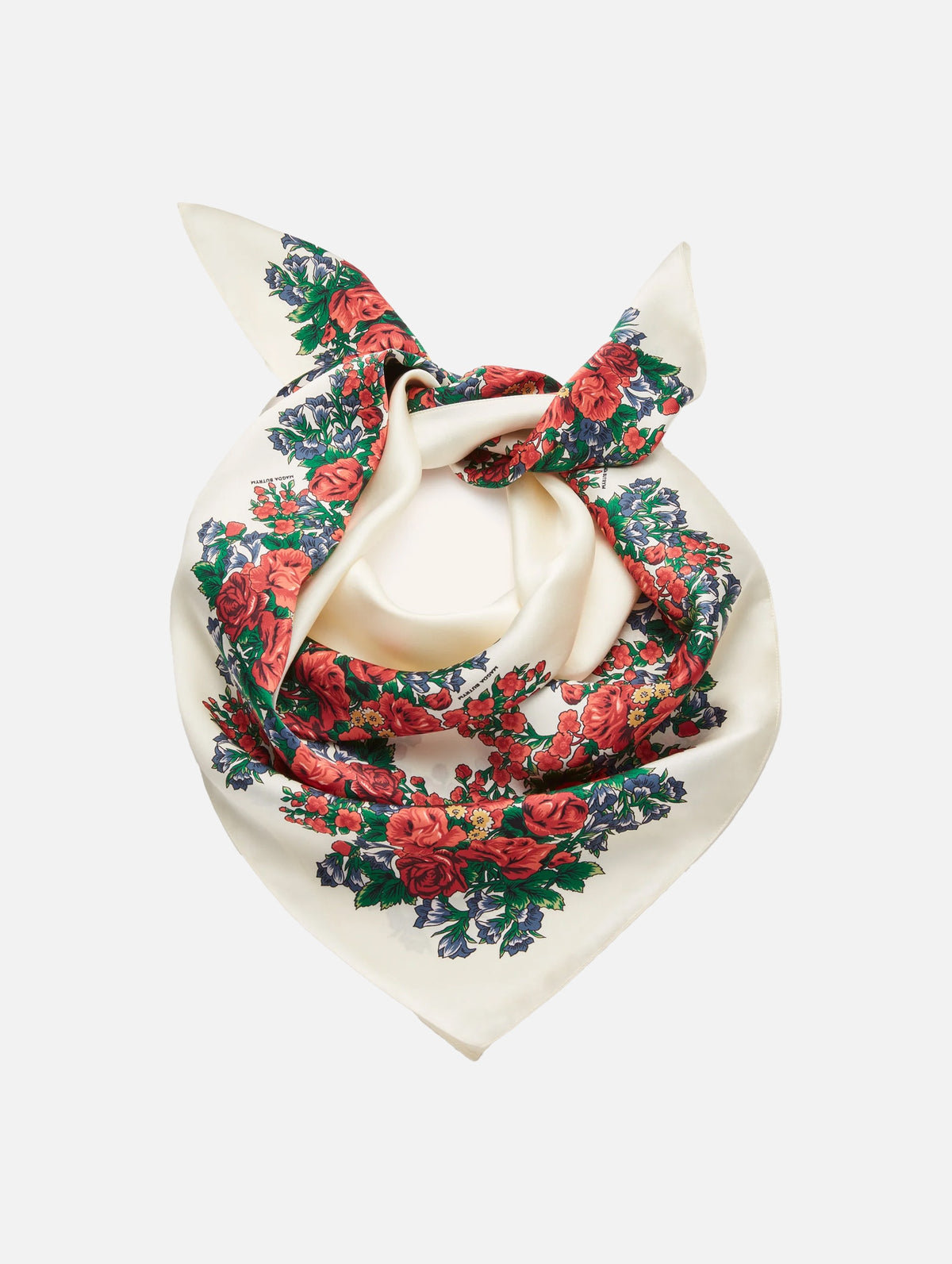 Folk Floral Print Silk Scarf in Cream