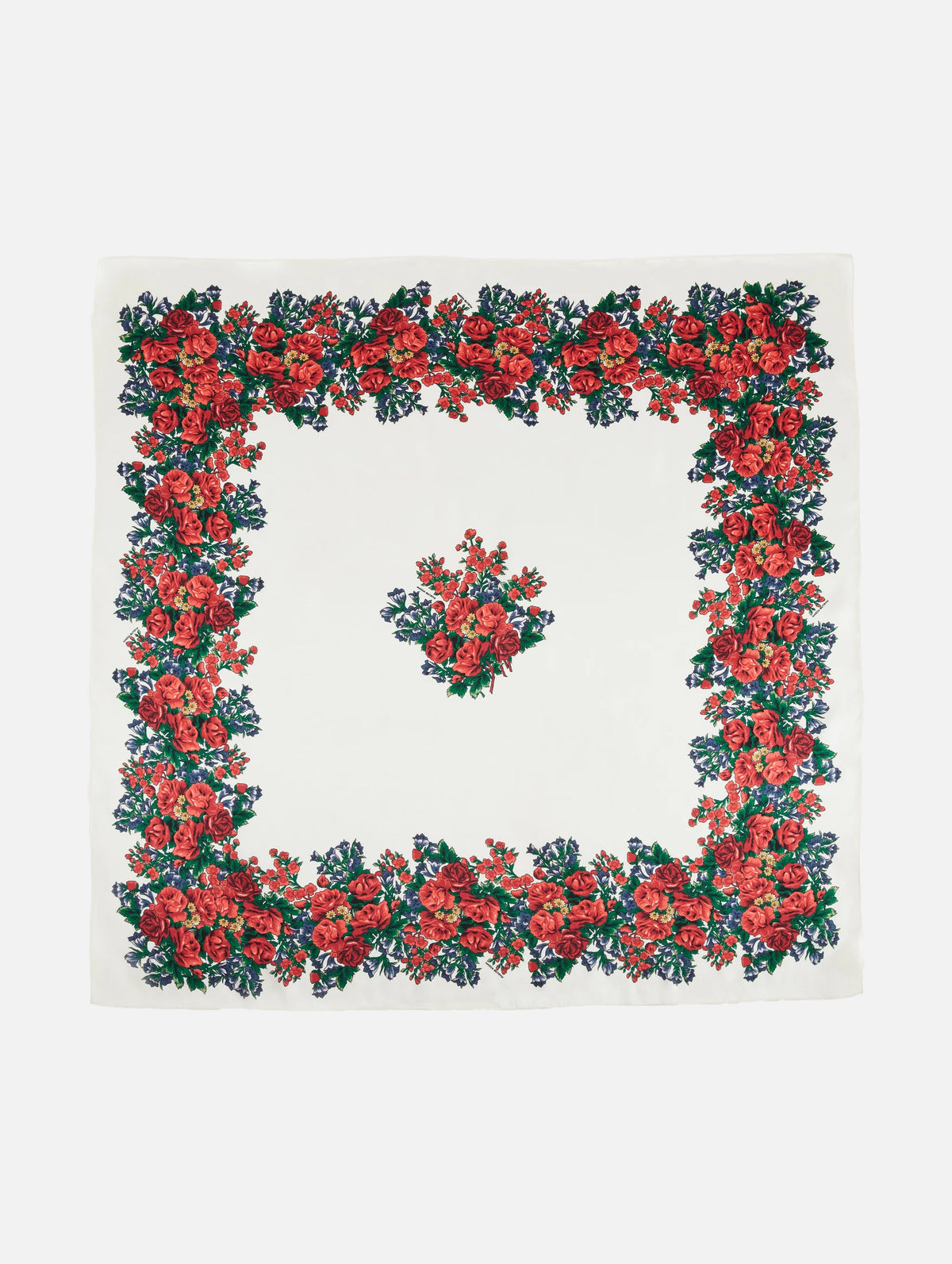 Folk Floral Print Silk Scarf in Cream