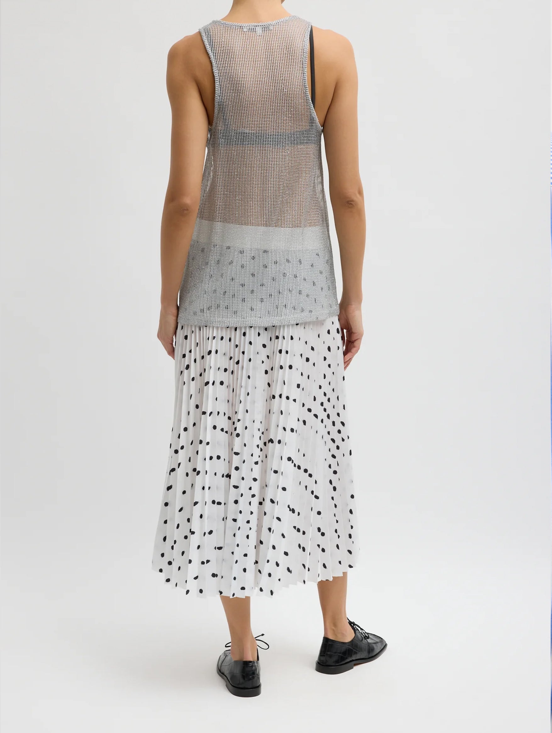 Scribble Dot Print Pull On Pleated Skirt in White and Black Multi