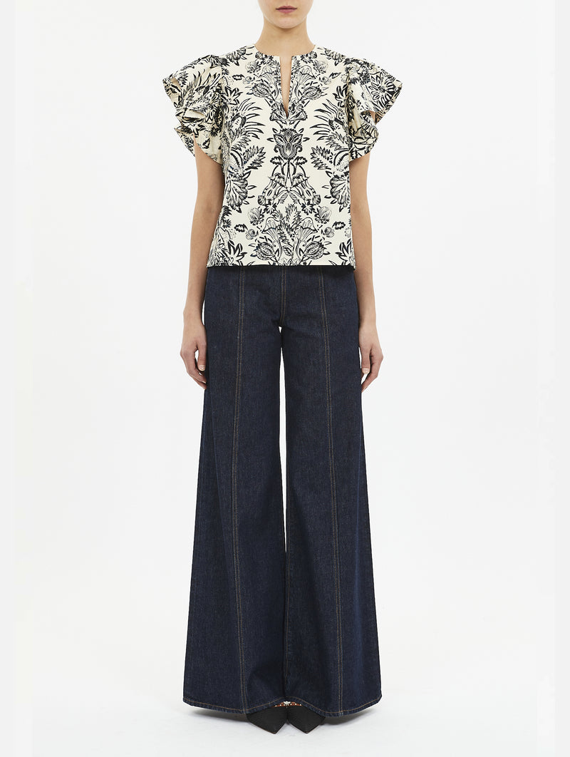 Severine Flutter Sleeve Top in Ivory Flora