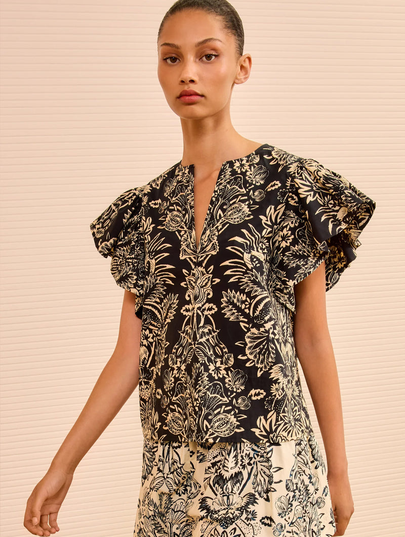 Severine Flutter Sleeve Top in Noir Flora