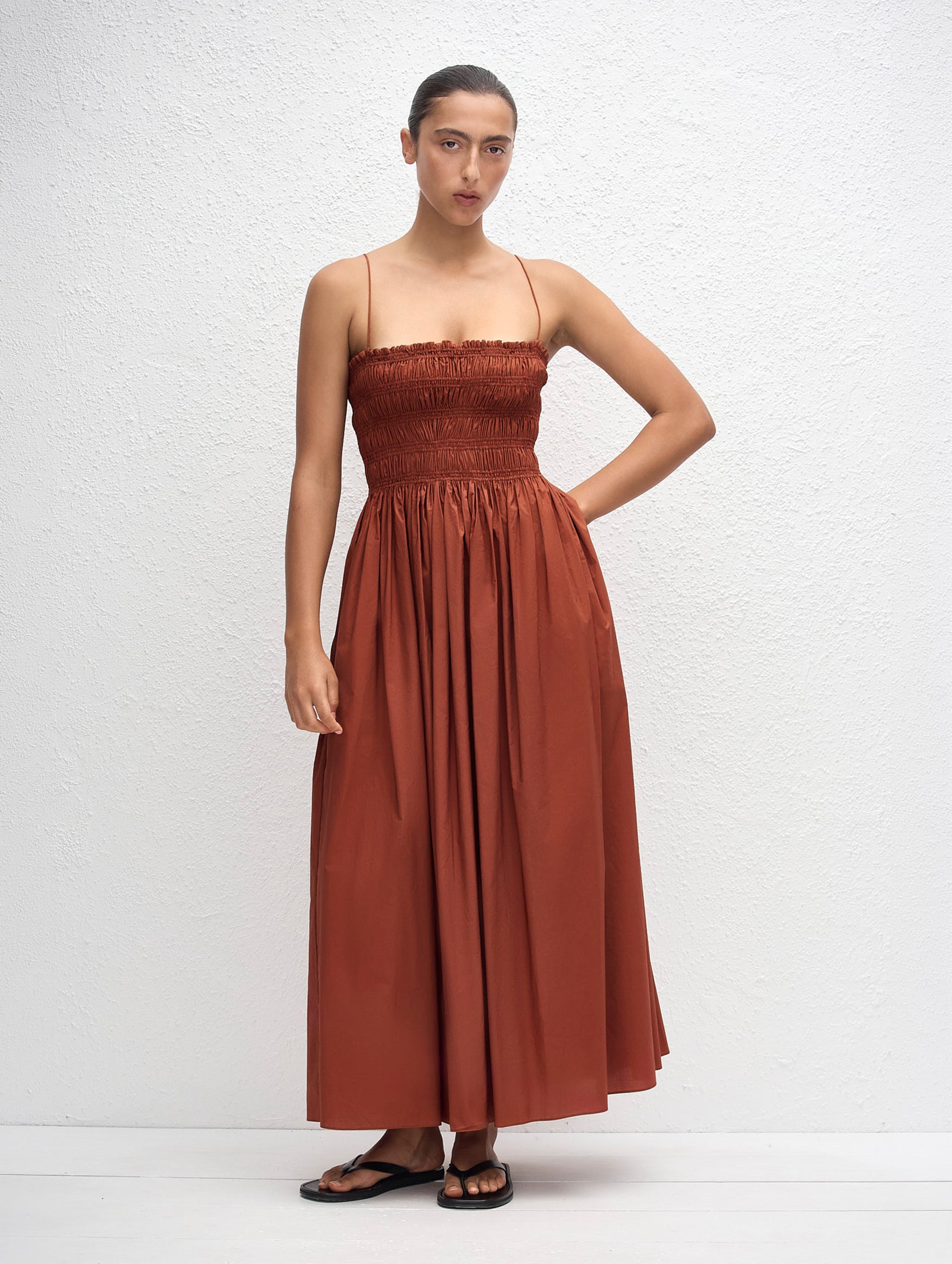 Shirred Bodice Dress in Garnet