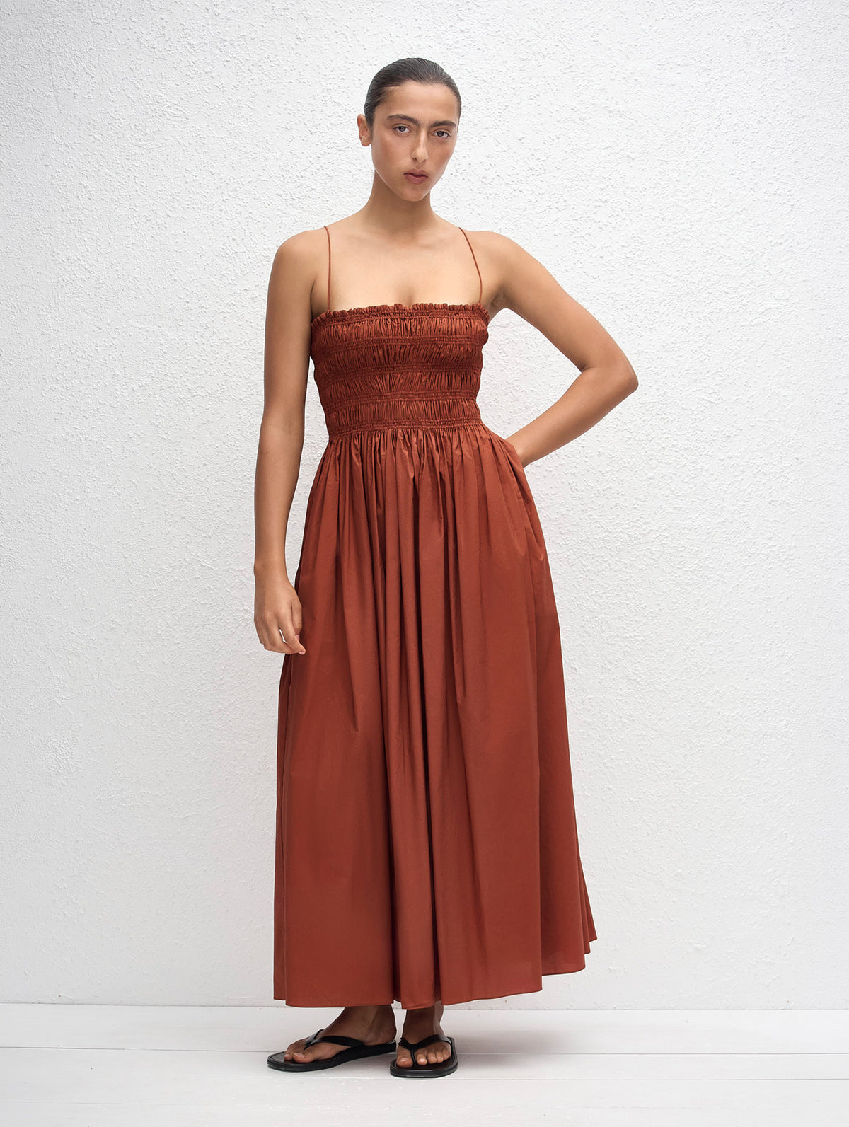 Shirred Bodice Dress in Garnet