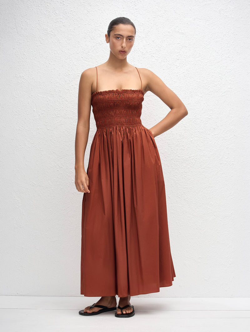 Shirred Bodice Dress in Garnet
