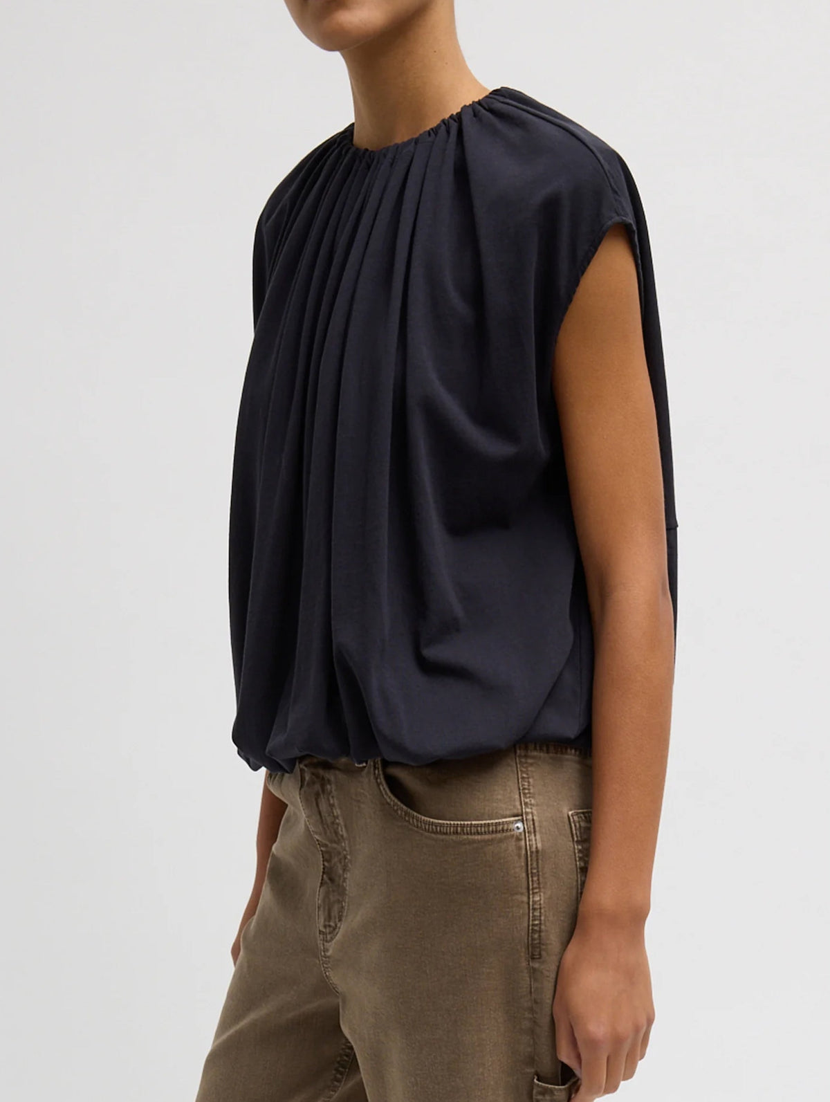 Shirred Neck Circular T-Shirt in Dark Navy