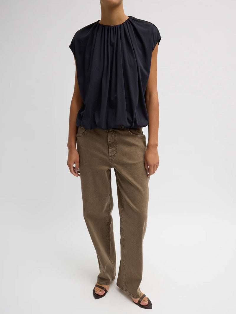 Shirred Neck Circular T-Shirt in Dark Navy