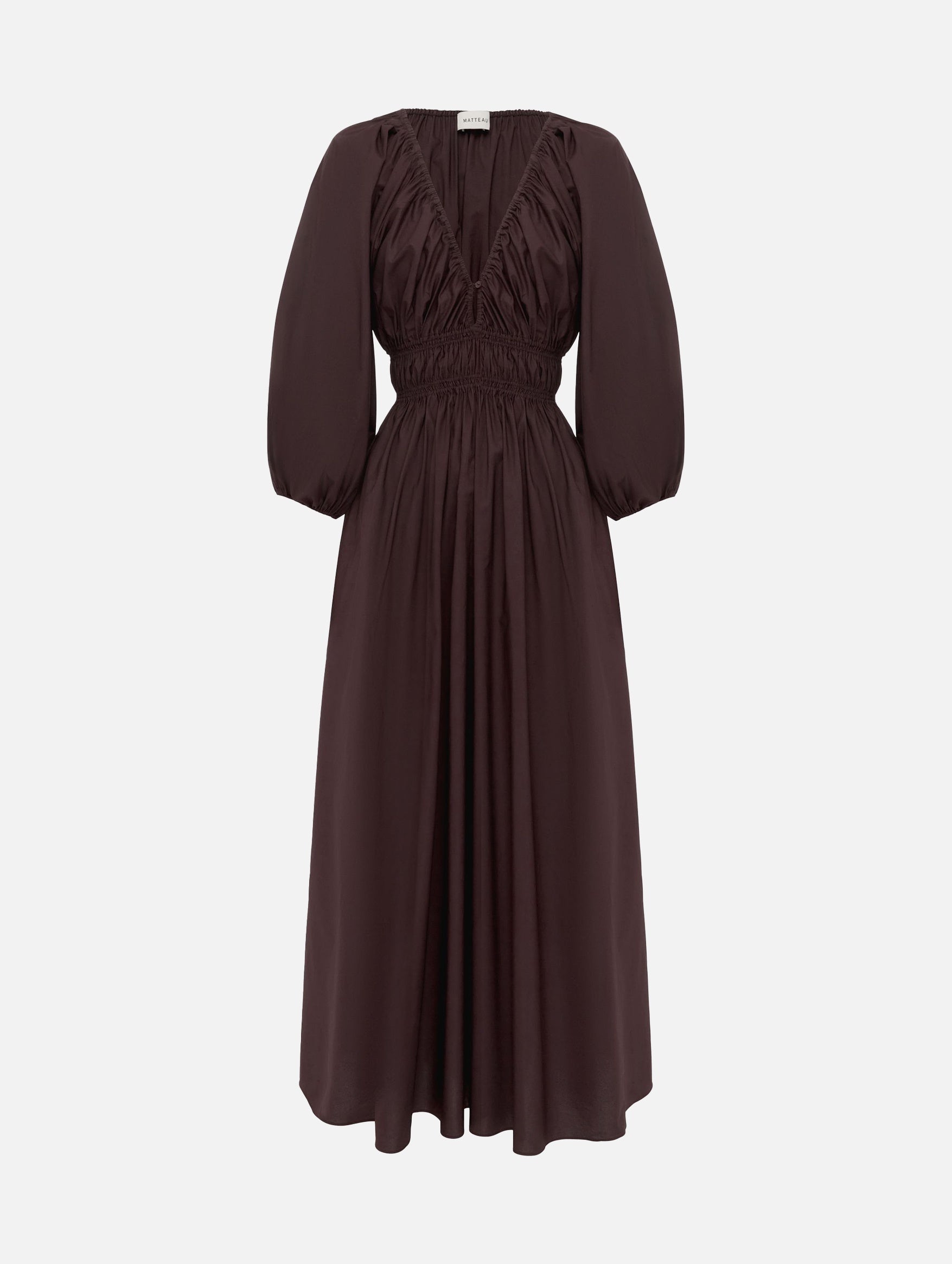 Shirred Plunge Button Dress in Aubergine