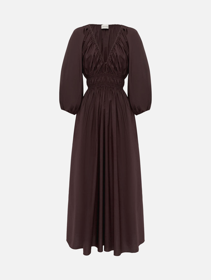 Shirred Plunge Button Dress in Aubergine