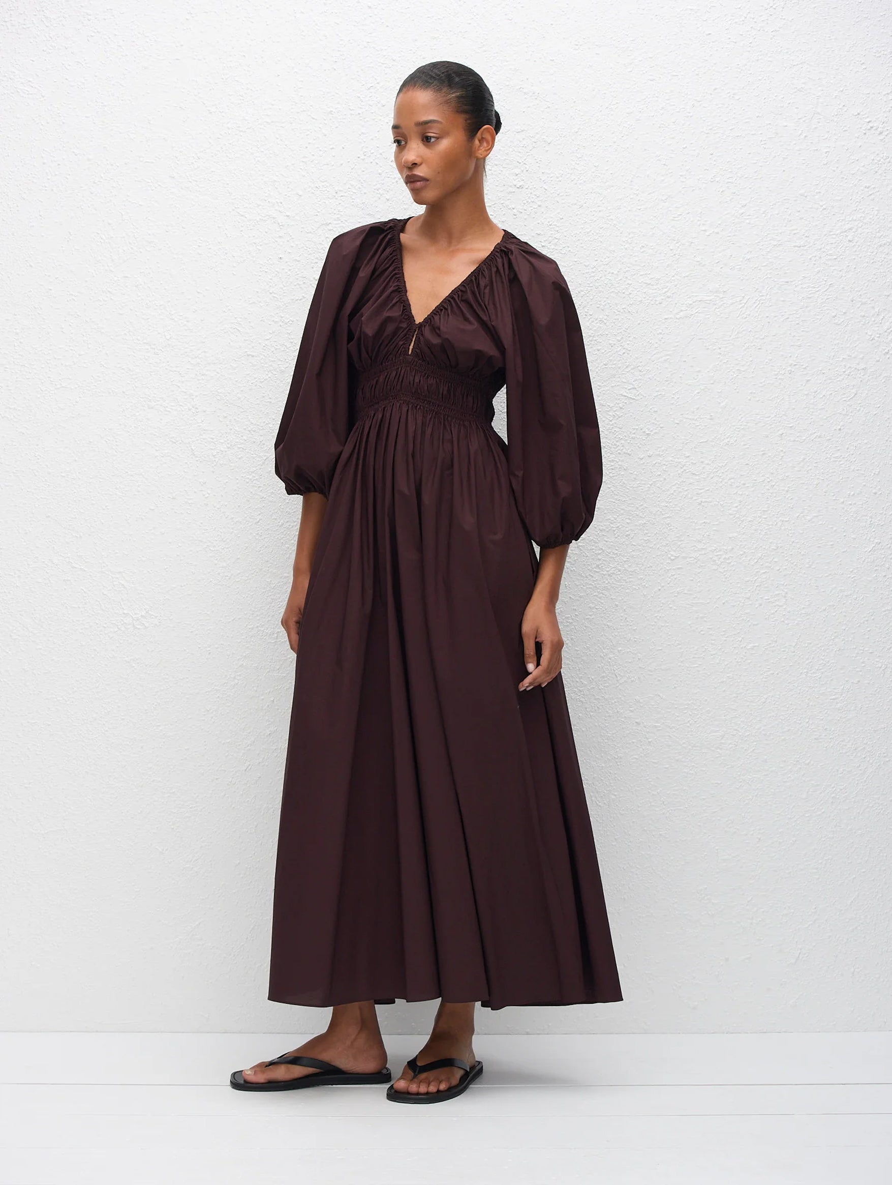 Shirred Plunge Button Dress in Aubergine