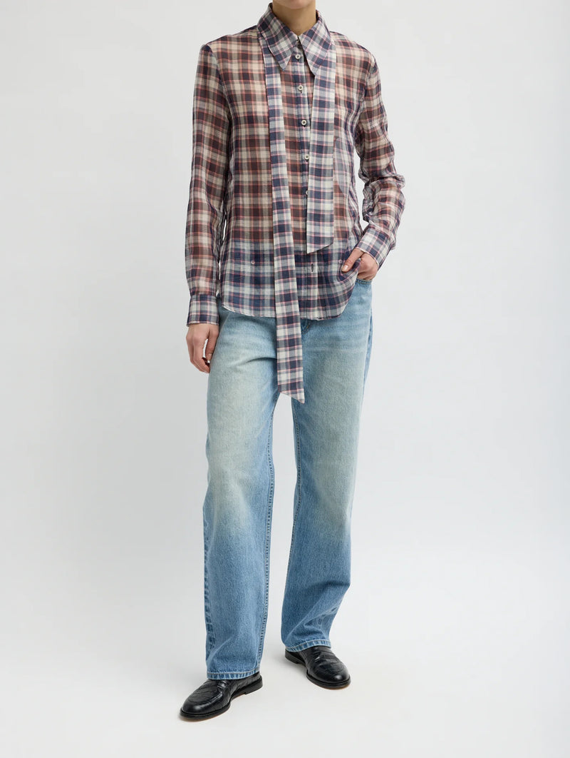 Silk Cotton Plaid Blouse with Removable Tie in Black/Red Multi