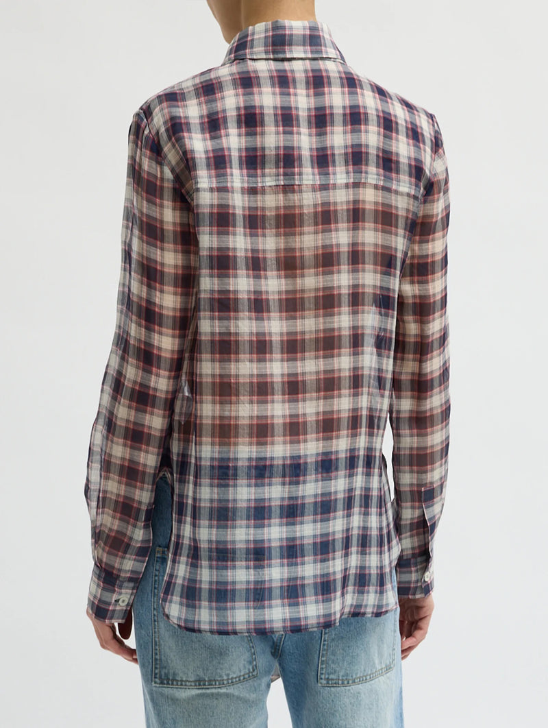 Silk Cotton Plaid Blouse with Removable Tie in Black/Red Multi