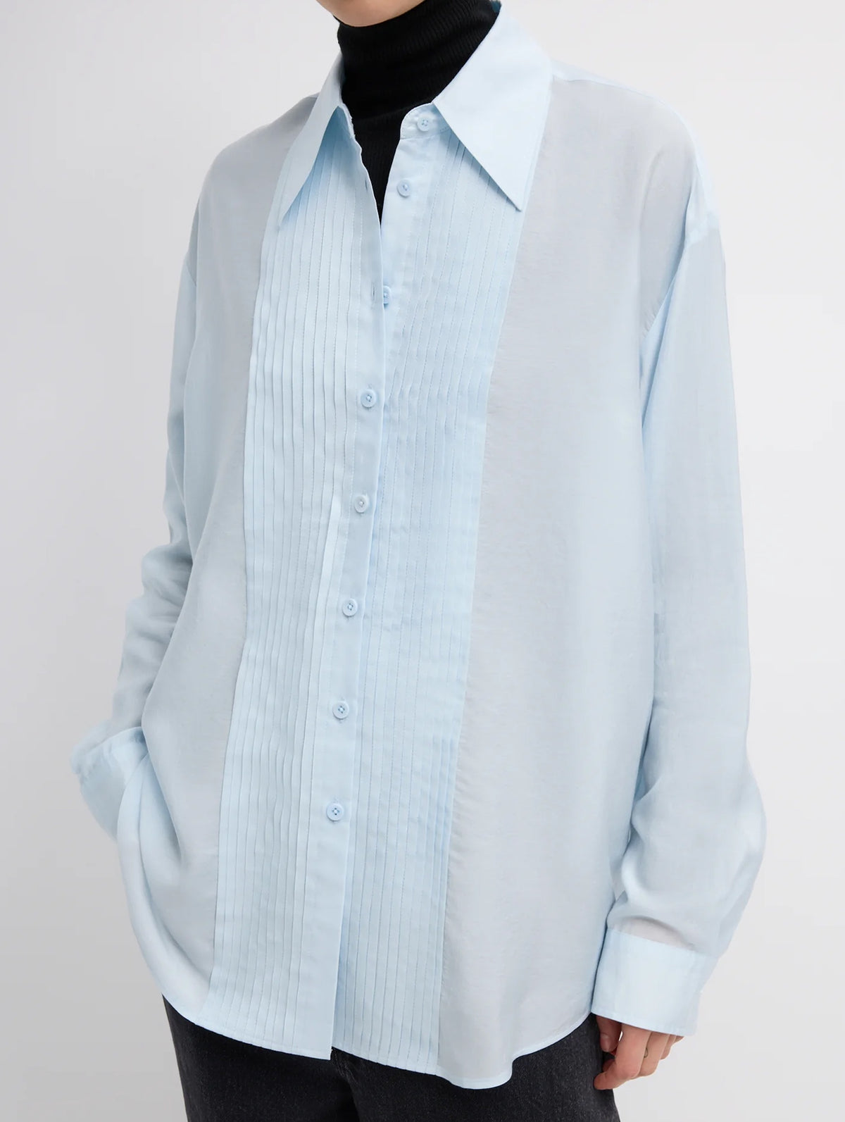 Silk Voile Easy Pintucked Shirt in Ice Blue