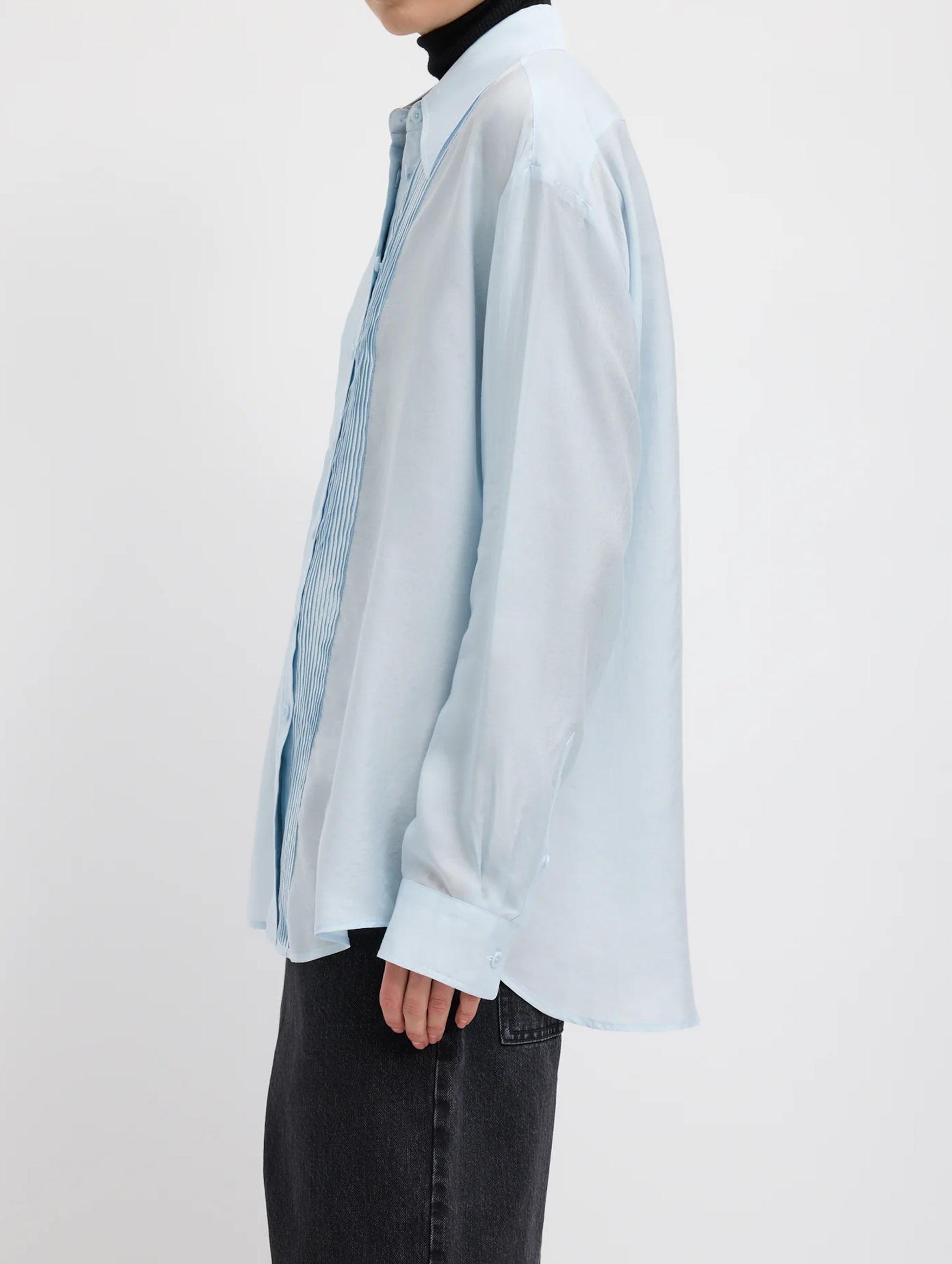 Silk Voile Easy Pintucked Shirt in Ice Blue