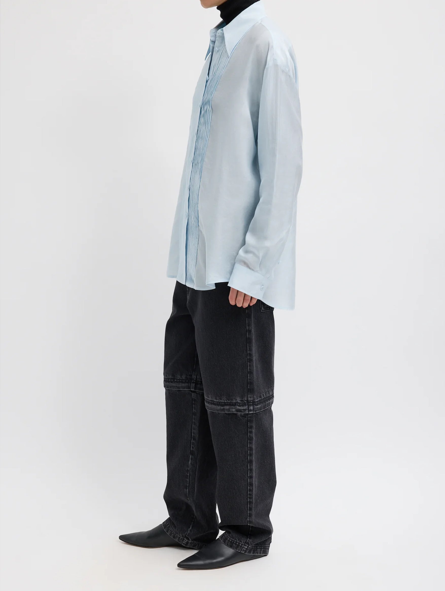 Silk Voile Easy Pintucked Shirt in Ice Blue