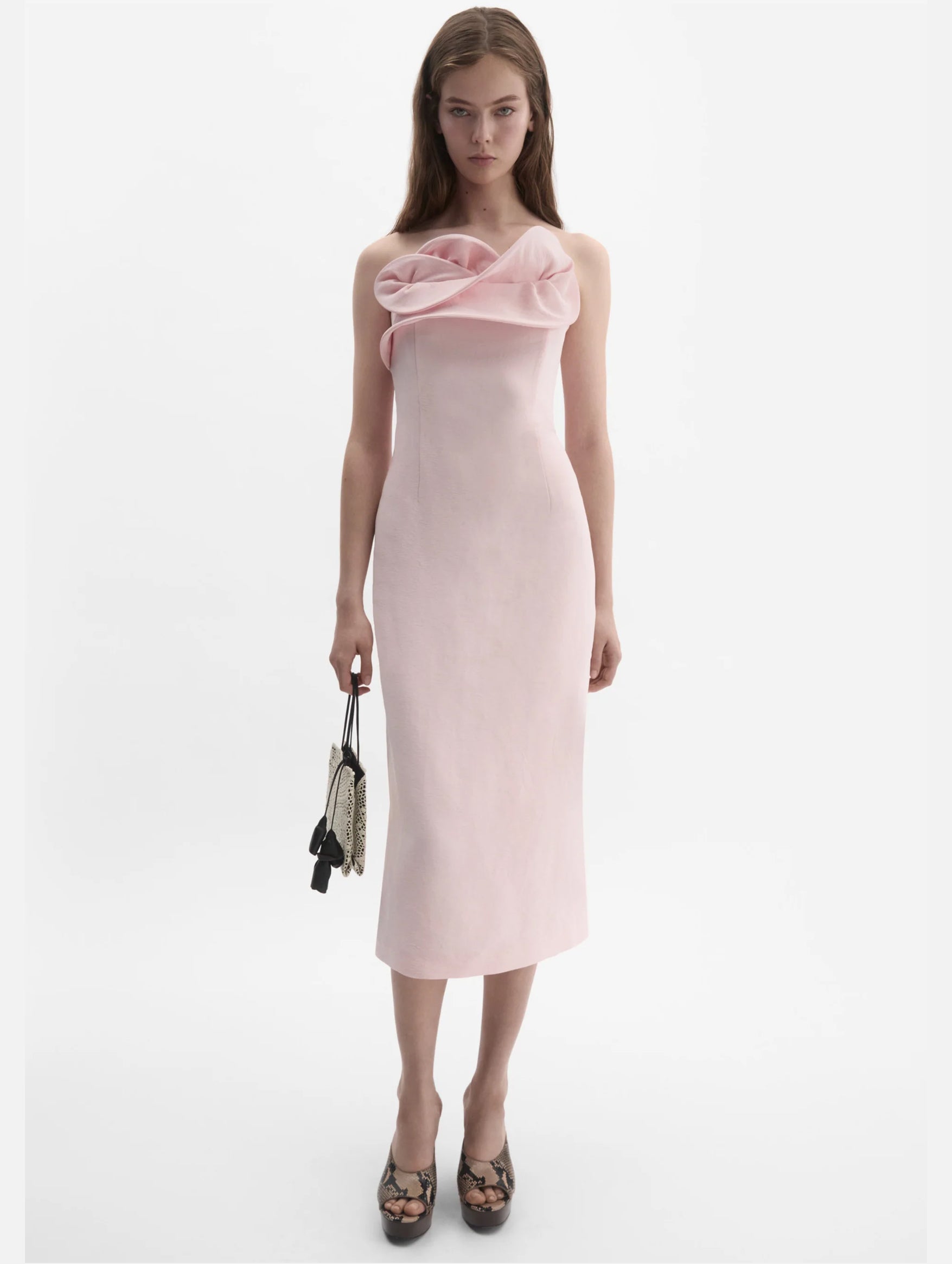 Silk Corset Dress With Sculptural Neckline in Blush Pink