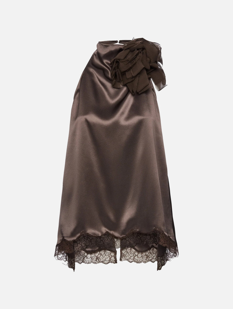 Silk Open Back Lace Trim Blouse in Brown