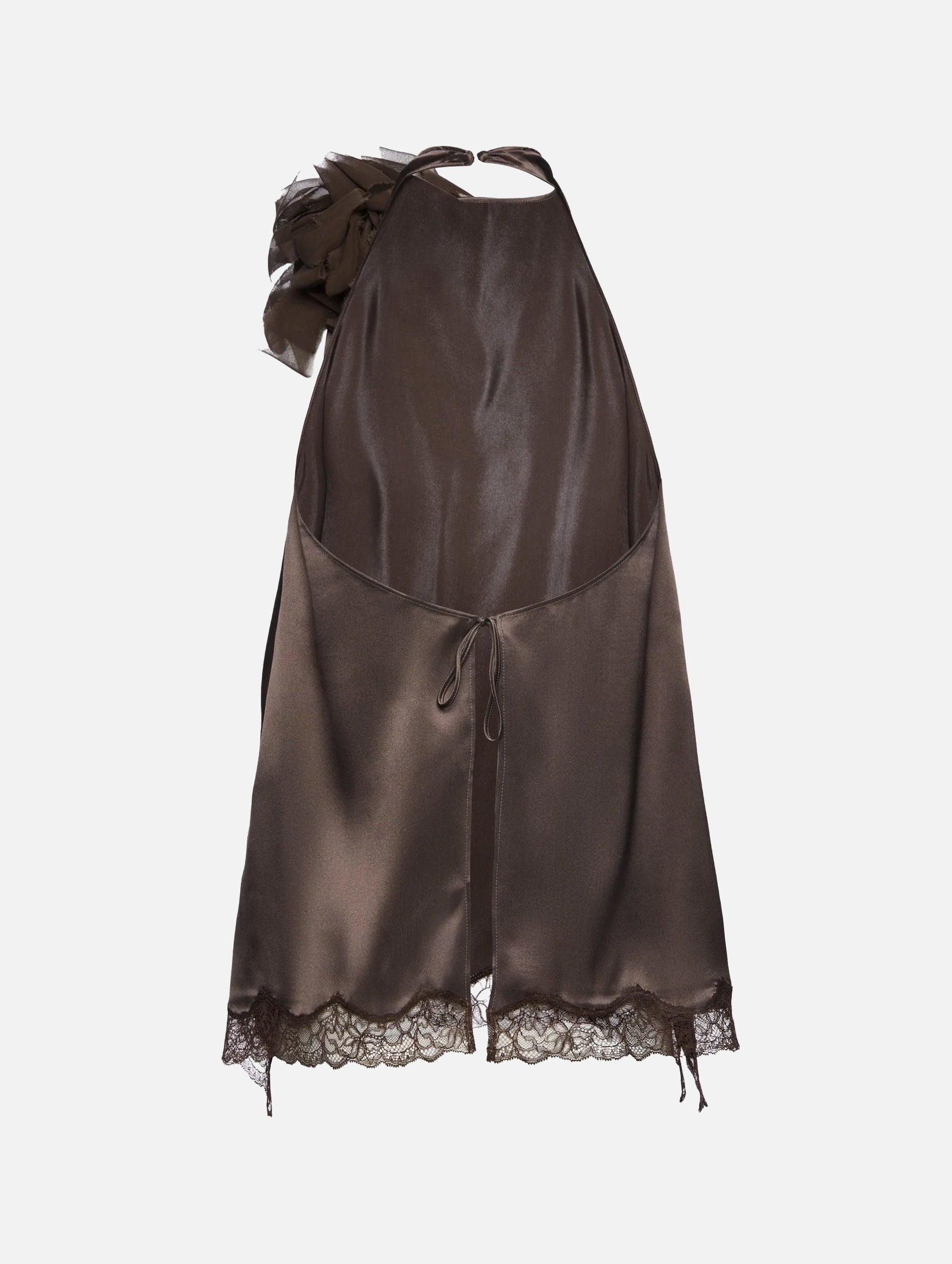 Silk Open Back Lace Trim Blouse in Brown