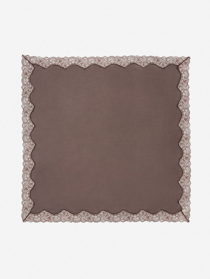 Silk Square Scarf With Lace Trim in Brown