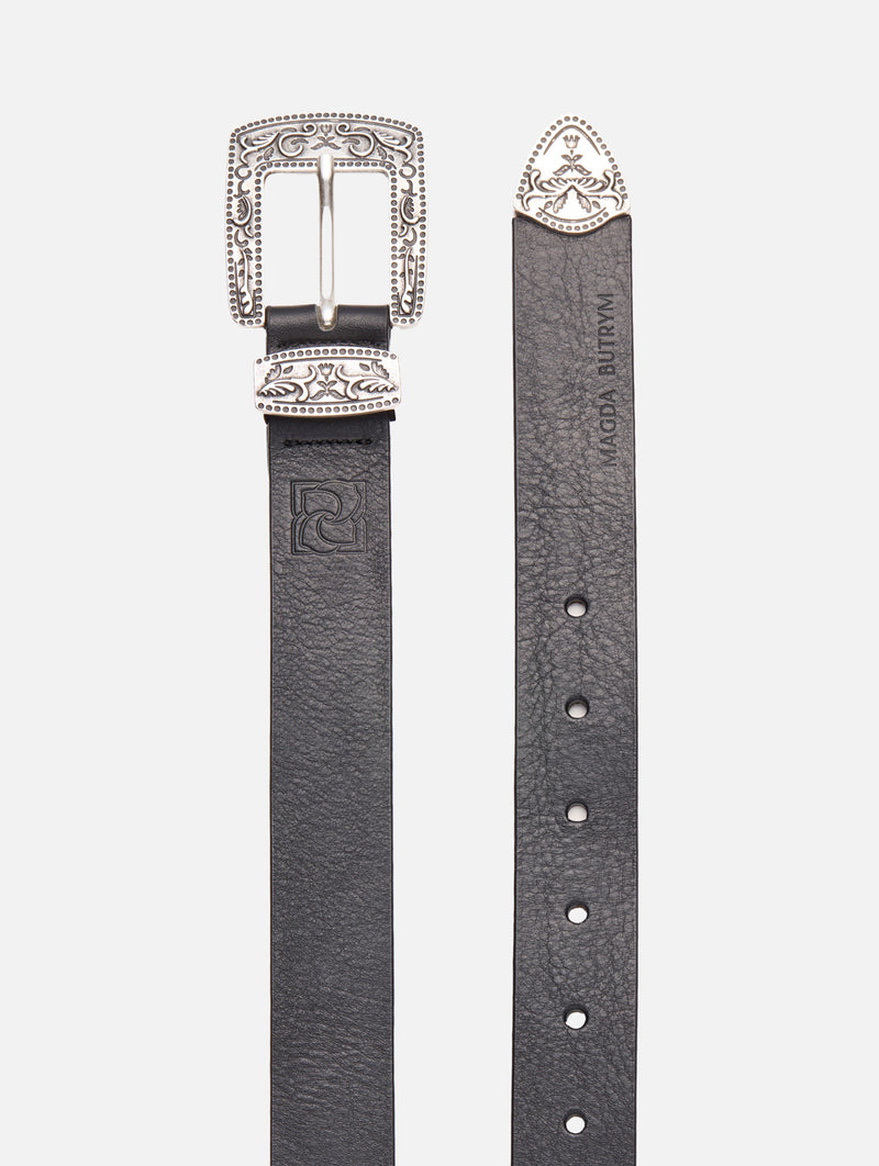 Oenate Engraved Leather Belt in Black