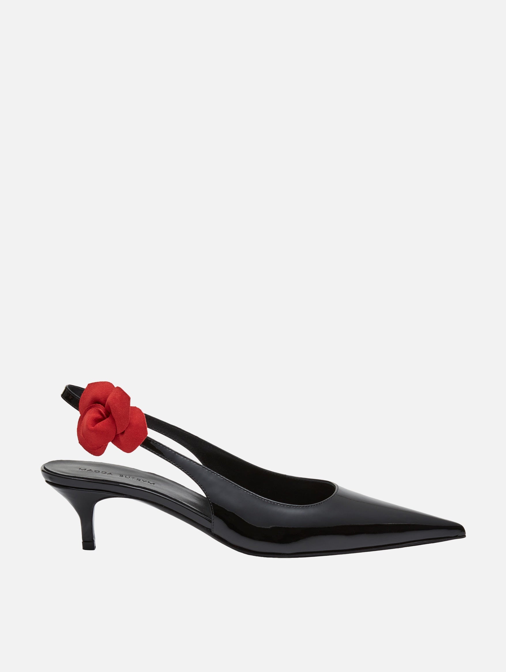 Slingback Rose Kitten Heels in Black Leather