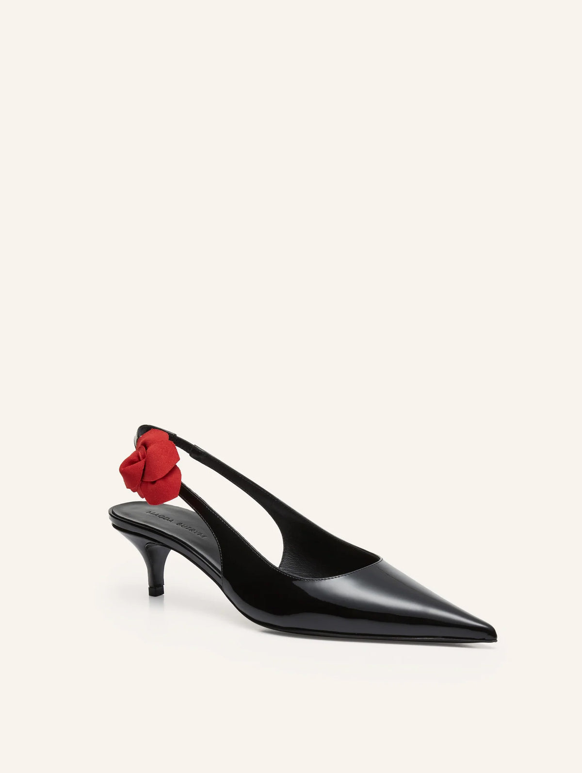 Slingback Rose Kitten Heels in Black Leather