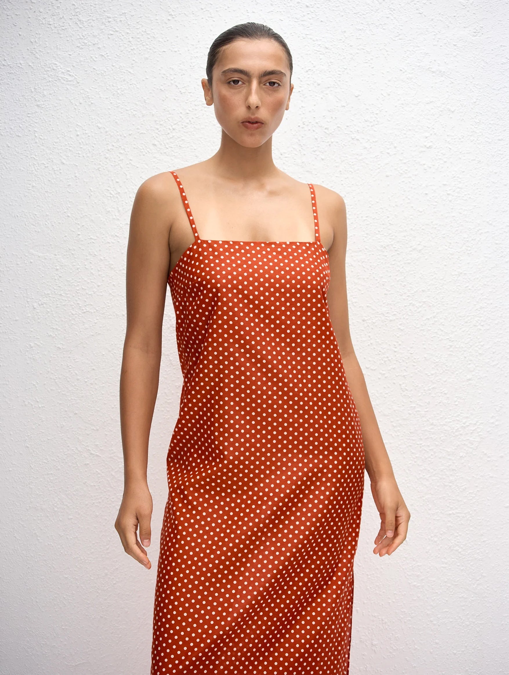 Square Shift Midi Dress in Polka Dot Tomato