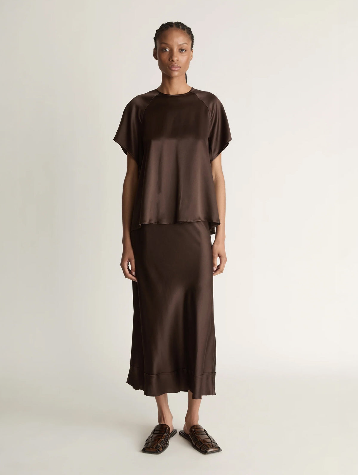 Stella Silk Satin Skirt in Chocolate