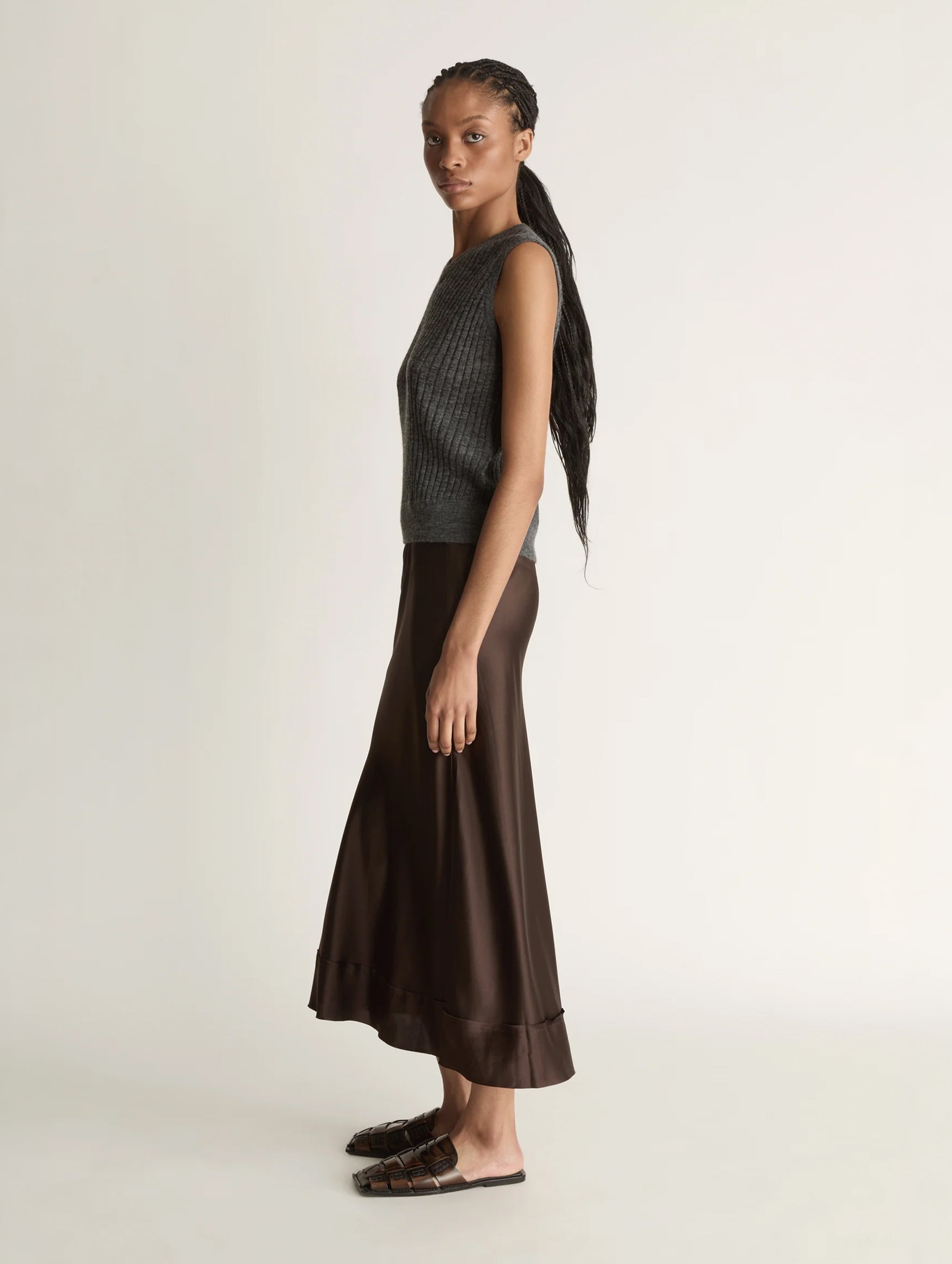 Stella Silk Satin Skirt in Chocolate