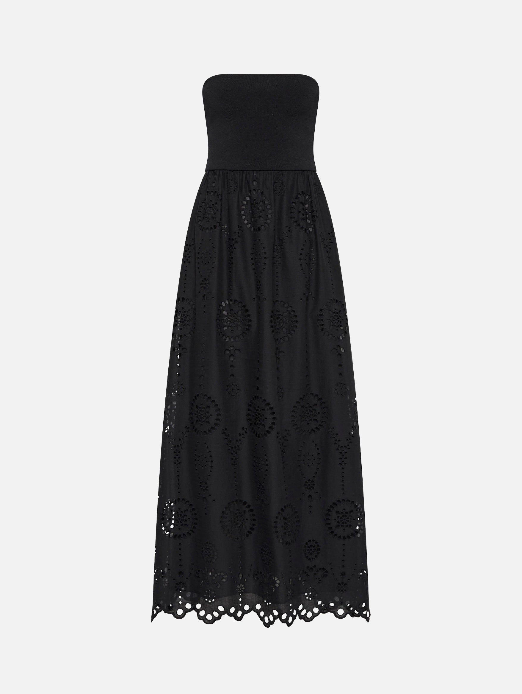Strapless Knit and Broderie Dress in Black