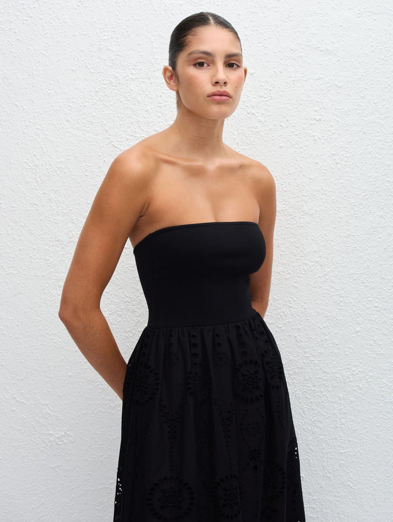 Strapless Knit and Broderie Dress in Black