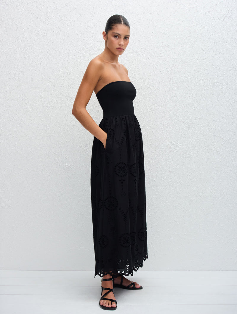 Strapless Knit and Broderie Dress in Black